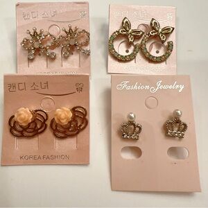 Korean 4 Pairs Bundle Pearl/Rhinestones/Crowns/Butterflies/Floral Stud Earrings
